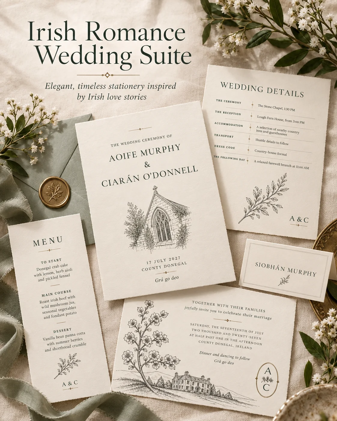Irish Romance wedding stationery with countryside botanical design