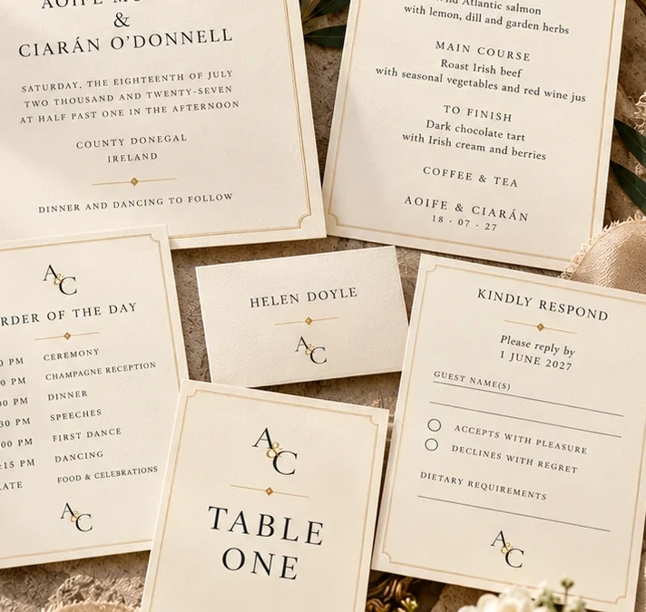 Close-up crop from the existing Premium Classic stationery suite artwork
