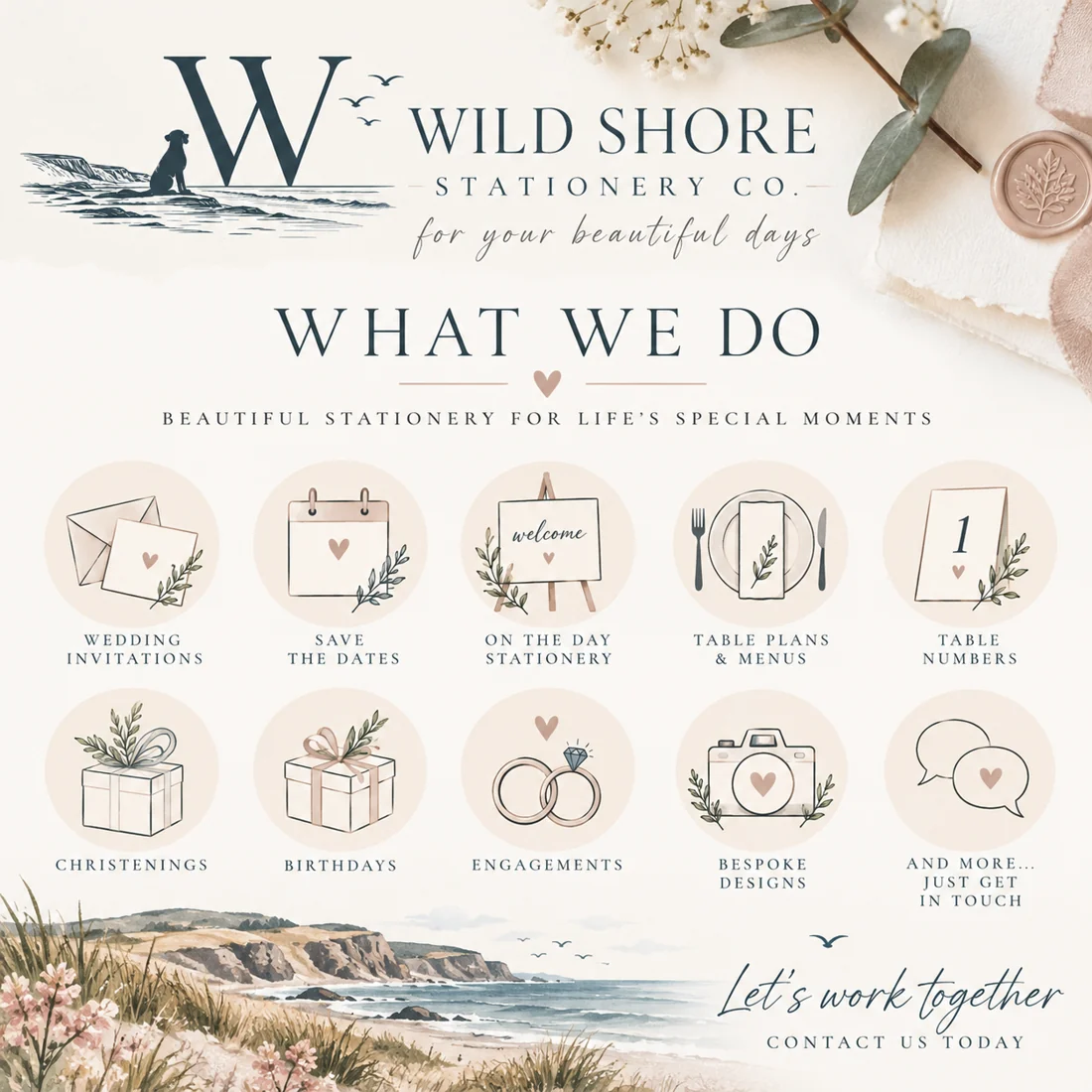 Wild Shore Stationery Co. illustrated What We Do guide: invitations, save the dates, on-the-day details and bespoke stationery